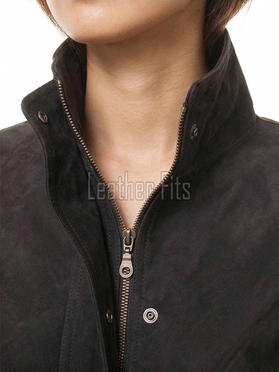 Majestic Dark Grey Suede Moto Jacket - Women's High Funnel Collar Hidden Zip Snap Button Placket Slim Fit Minimalist Premium Outerwear