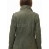 Olive Green Suede Moto Jacket - Women's High Funnel Collar Hidden Zip Snap Button Placket Slim Fit Minimalist Premium Outerwear
