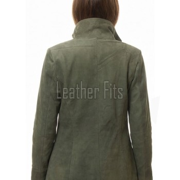 Olive Green Suede Moto Jacket - Women's High Funnel Collar Hidden Zip Snap Button Placket Slim Fit Minimalist Premium Outerwear