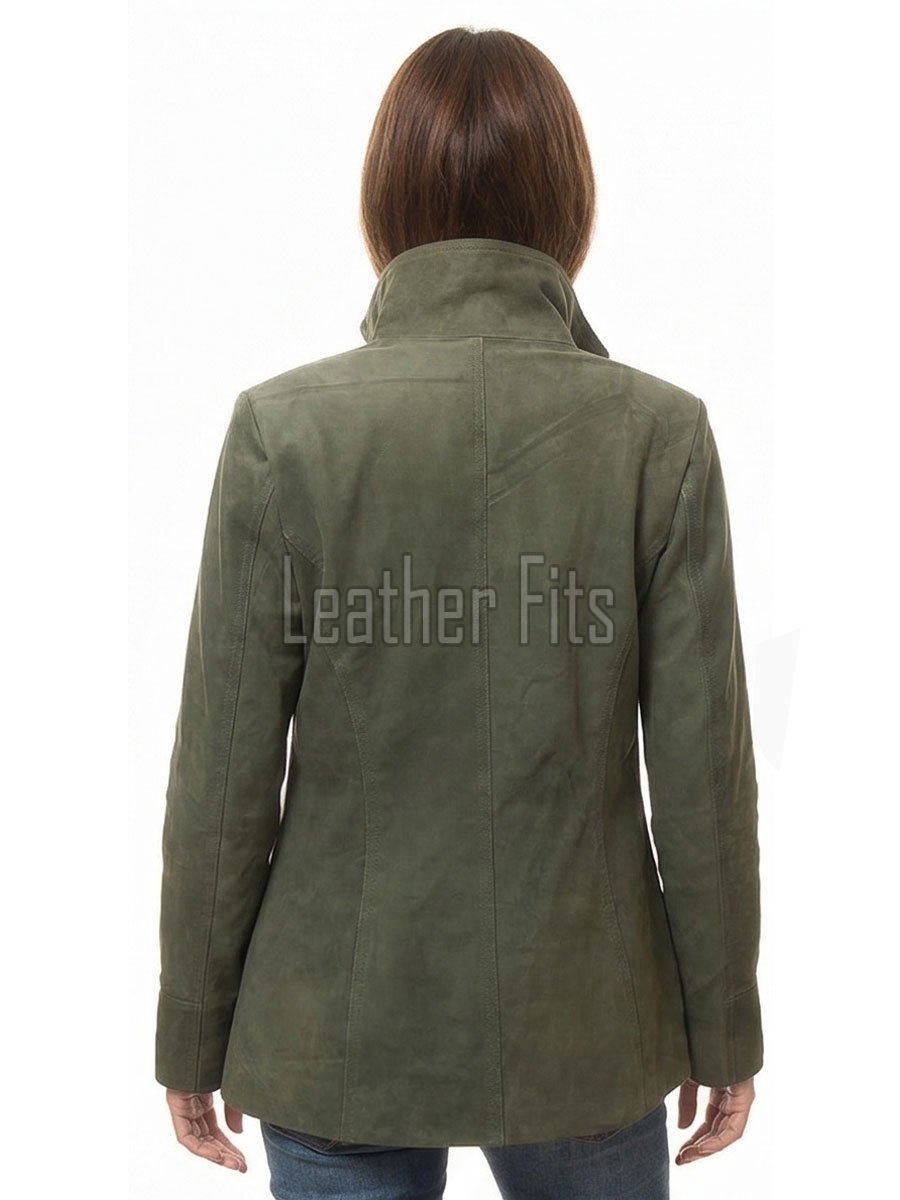Olive Green Suede Moto Jacket - Women's High Funnel Collar Hidden Zip Snap Button Placket Slim Fit Minimalist Premium Outerwear