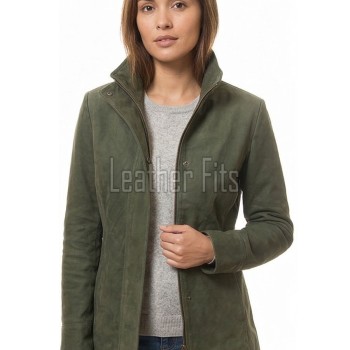 Olive Green Suede Moto Jacket - Women's High Funnel Collar Hidden Zip Snap Button Placket Slim Fit Minimalist Premium Outerwear