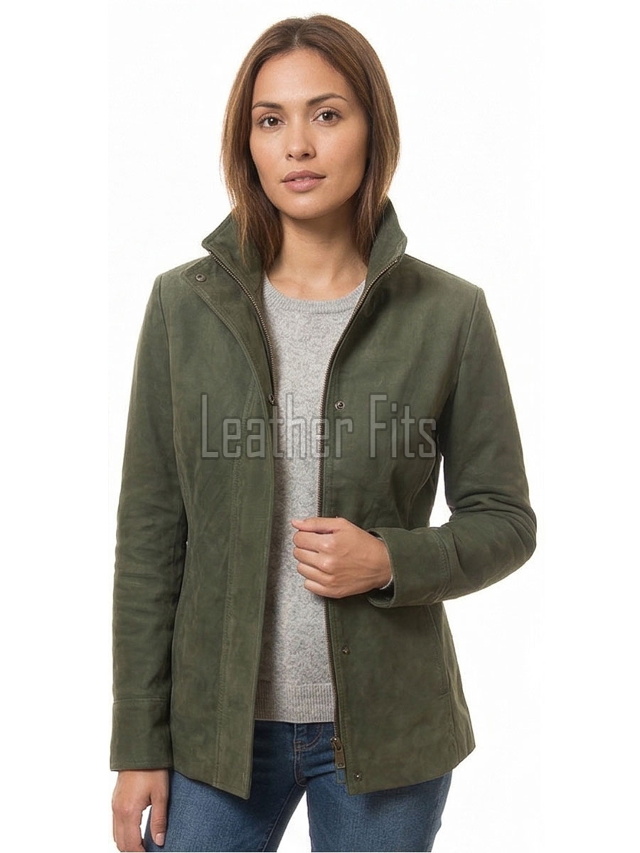 Olive Green Suede Moto Jacket - Women's High Funnel Collar Hidden Zip Snap Button Placket Slim Fit Minimalist Premium Outerwear