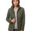 Olive Green Suede Moto Jacket - Women's High Funnel Collar Hidden Zip Snap Button Placket Slim Fit Minimalist Premium Outerwear