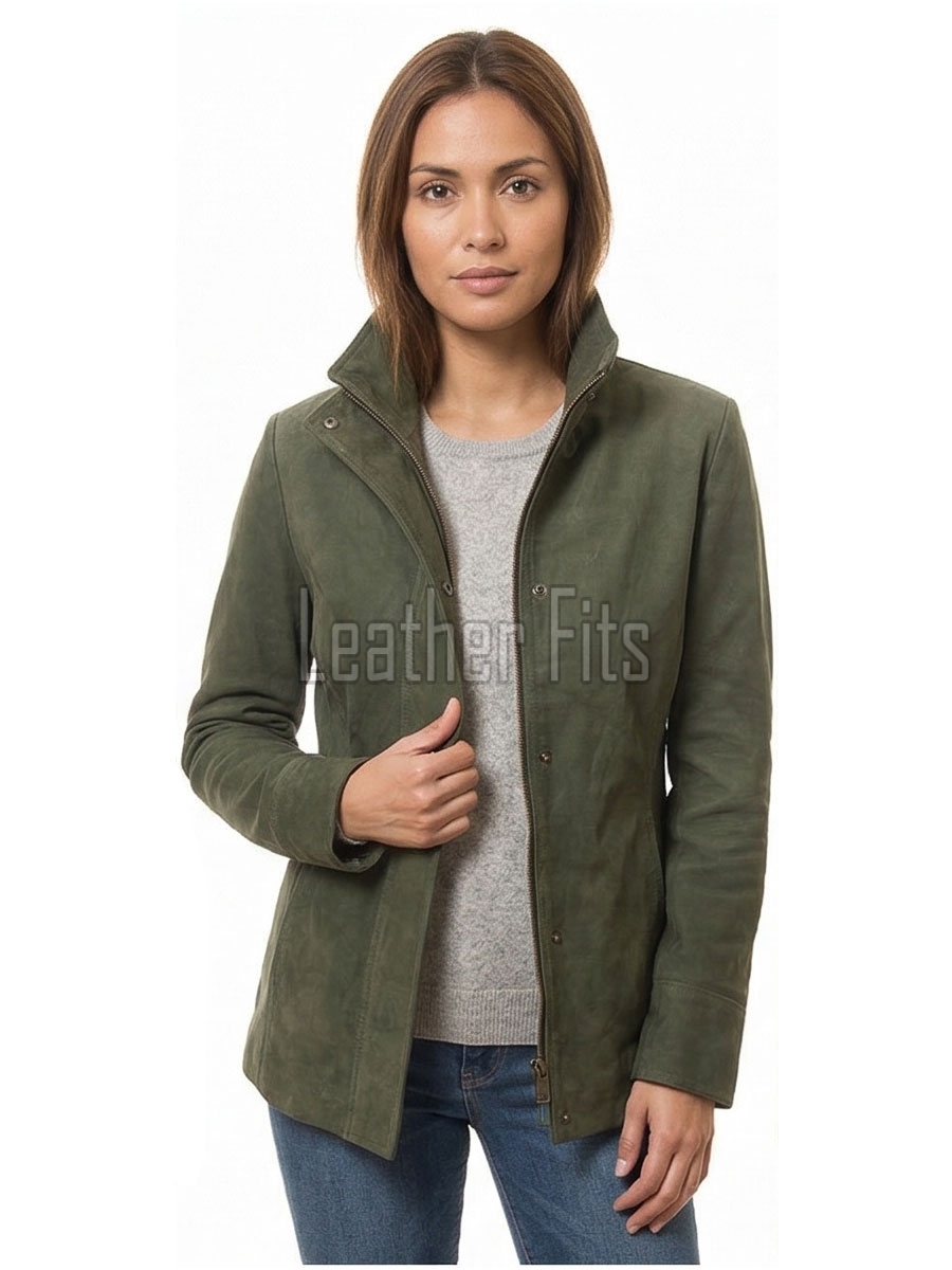 Olive Green Suede Moto Jacket - Women's High Funnel Collar Hidden Zip Snap Button Placket Slim Fit Minimalist Premium Outerwear