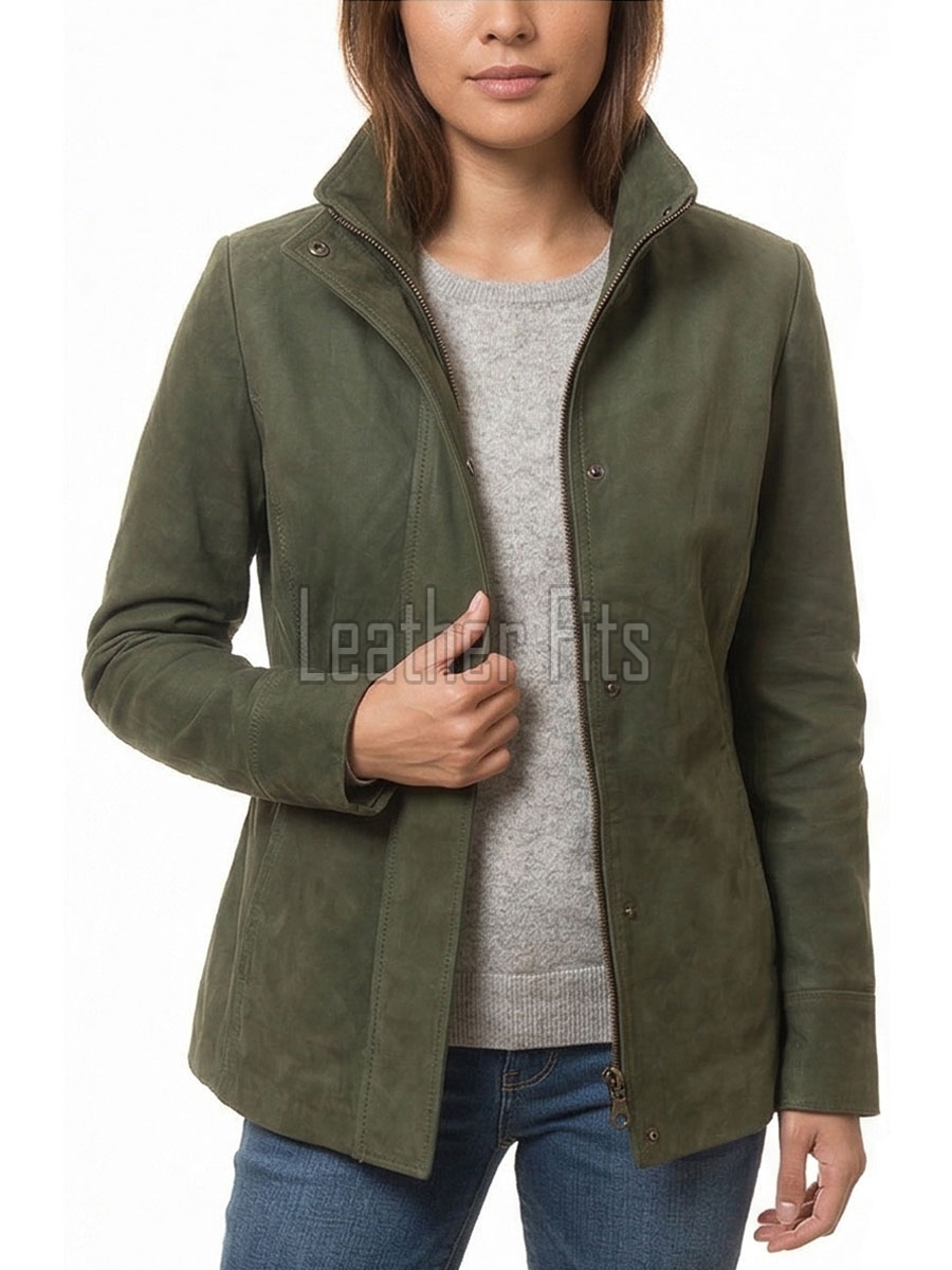 Olive Green Suede Moto Jacket - Women's High Funnel Collar Hidden Zip Snap Button Placket Slim Fit Minimalist Premium Outerwear