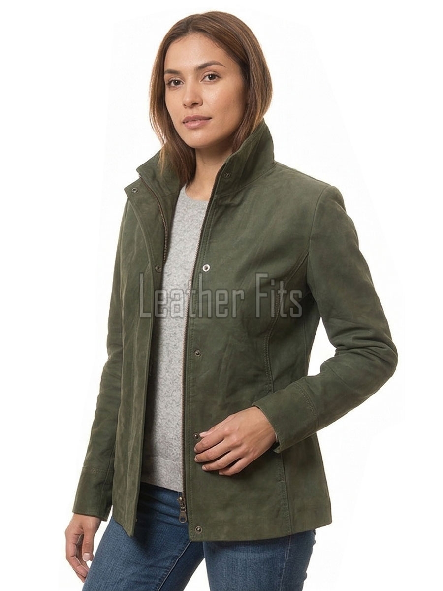 Olive Green Suede Moto Jacket - Women's High Funnel Collar Hidden Zip Snap Button Placket Slim Fit Minimalist Premium Outerwear