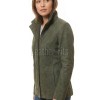 Olive Green Suede Moto Jacket - Women's High Funnel Collar Hidden Zip Snap Button Placket Slim Fit Minimalist Premium Outerwear