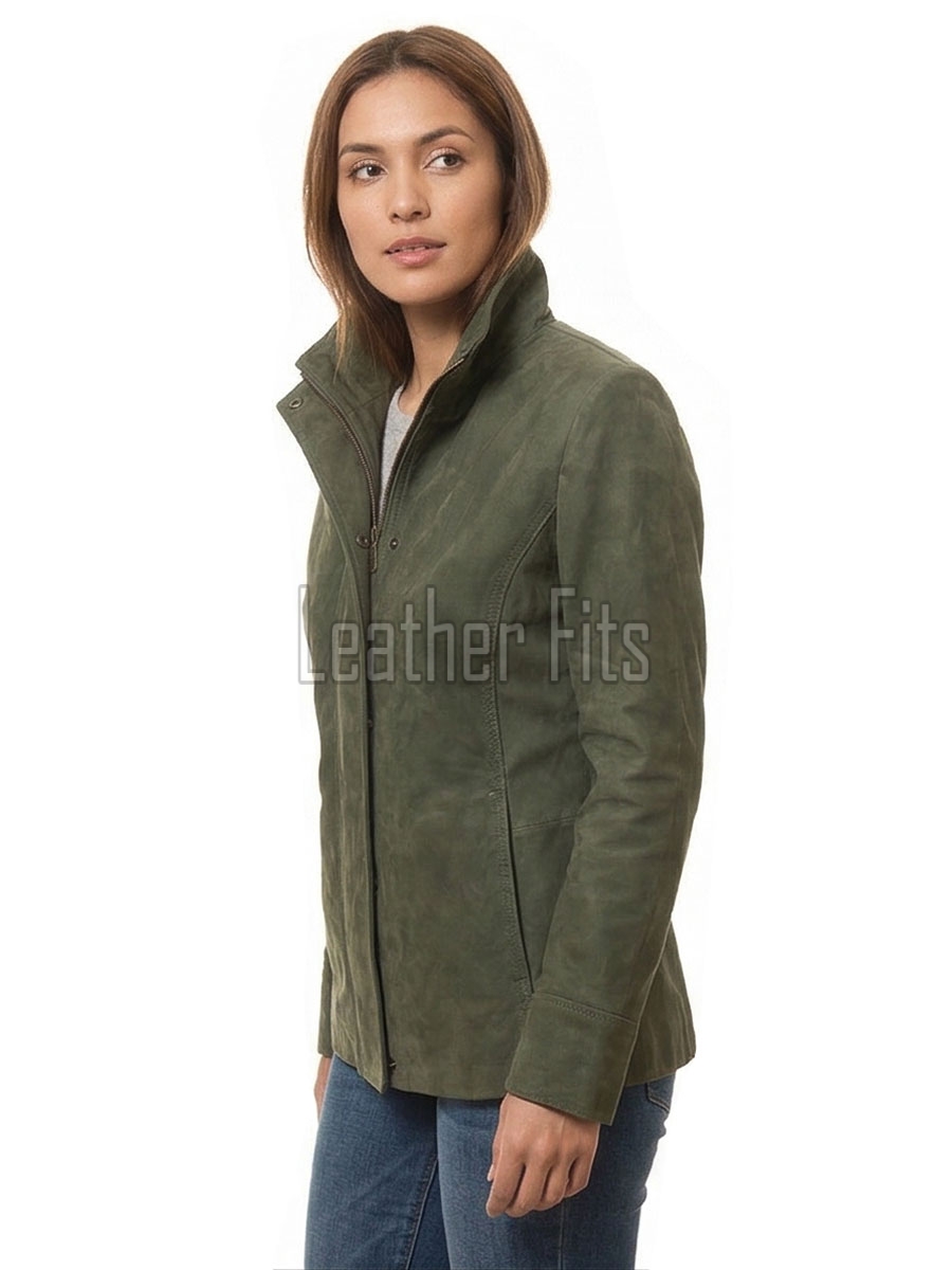 Olive Green Suede Moto Jacket - Women's High Funnel Collar Hidden Zip Snap Button Placket Slim Fit Minimalist Premium Outerwear