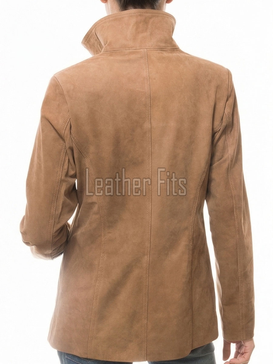 Elite Camel Brown Suede Moto Jacket - Women's High Funnel Collar Hidden Zip Snap Button Placket Slim Fit Minimalist Premium Outerwear