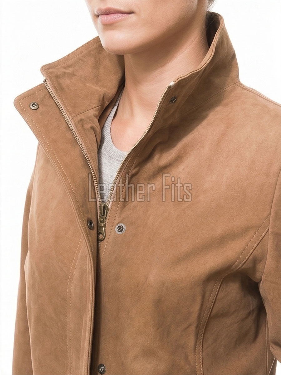Elite Camel Brown Suede Moto Jacket - Women's High Funnel Collar Hidden Zip Snap Button Placket Slim Fit Minimalist Premium Outerwear