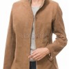 Elite Camel Brown Suede Moto Jacket - Women's High Funnel Collar Hidden Zip Snap Button Placket Slim Fit Minimalist Premium Outerwear