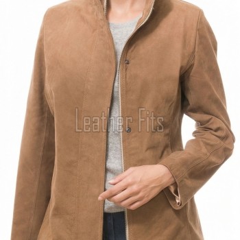 Elite Camel Brown Suede Moto Jacket - Women's High Funnel Collar Hidden Zip Snap Button Placket Slim Fit Minimalist Premium Outerwear