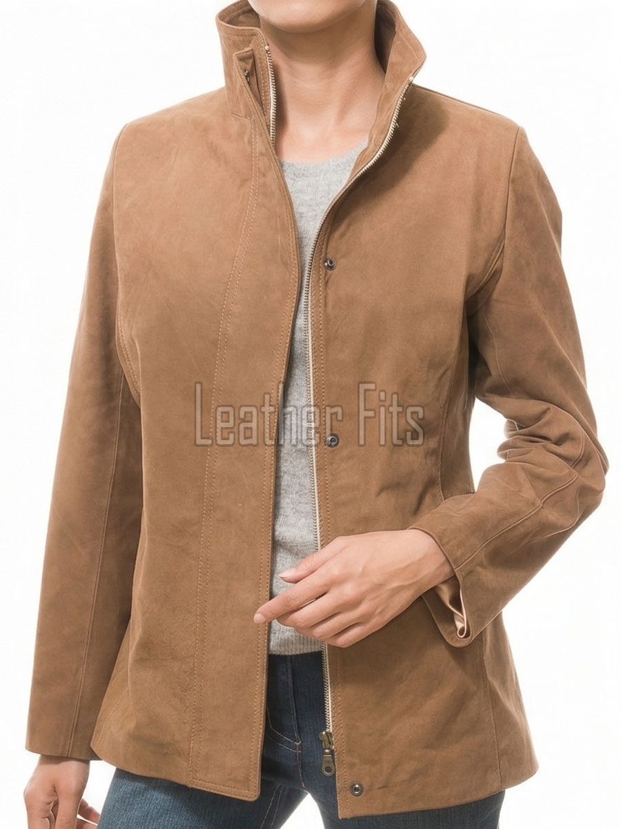 Elite Camel Brown Suede Moto Jacket - Women's High Funnel Collar Hidden Zip Snap Button Placket Slim Fit Minimalist Premium Outerwear