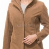 Elite Camel Brown Suede Moto Jacket - Women's High Funnel Collar Hidden Zip Snap Button Placket Slim Fit Minimalist Premium Outerwear