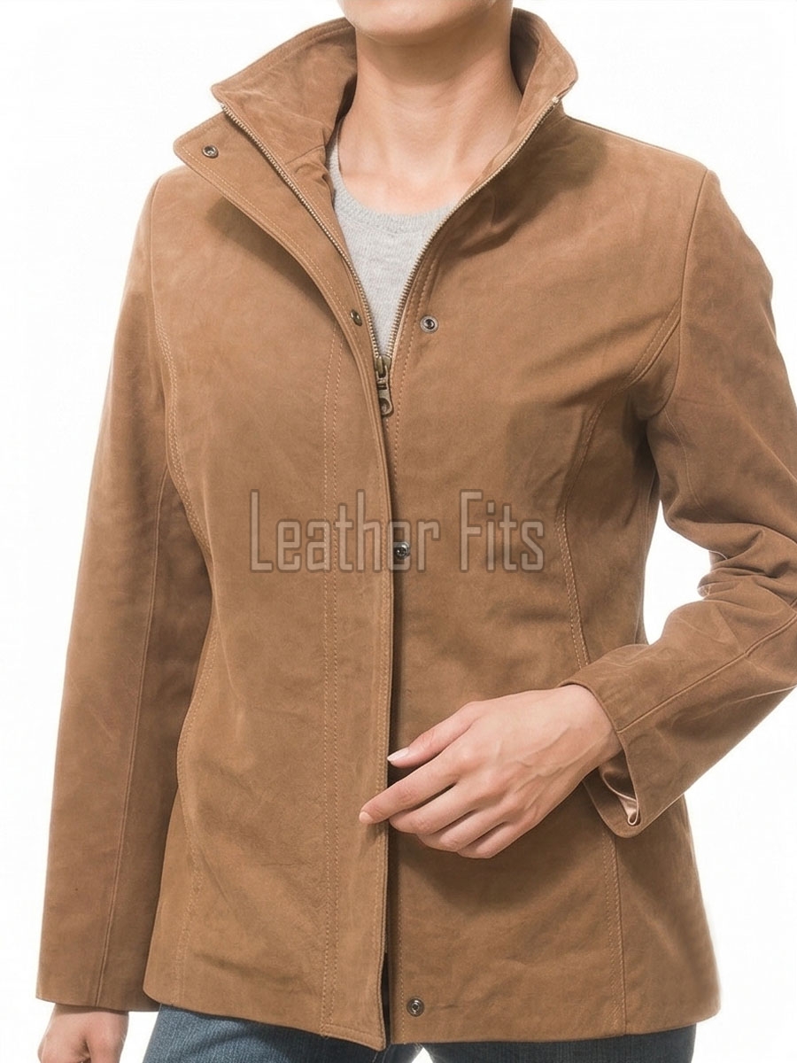 Elite Camel Brown Suede Moto Jacket - Women's High Funnel Collar Hidden Zip Snap Button Placket Slim Fit Minimalist Premium Outerwear