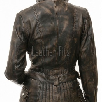 Distressed Dark Brown Leather Moto Jacket - Women's Asymmetrical Zip Hardware Belted Slim Fit Asymmetrical Premium Outerwear