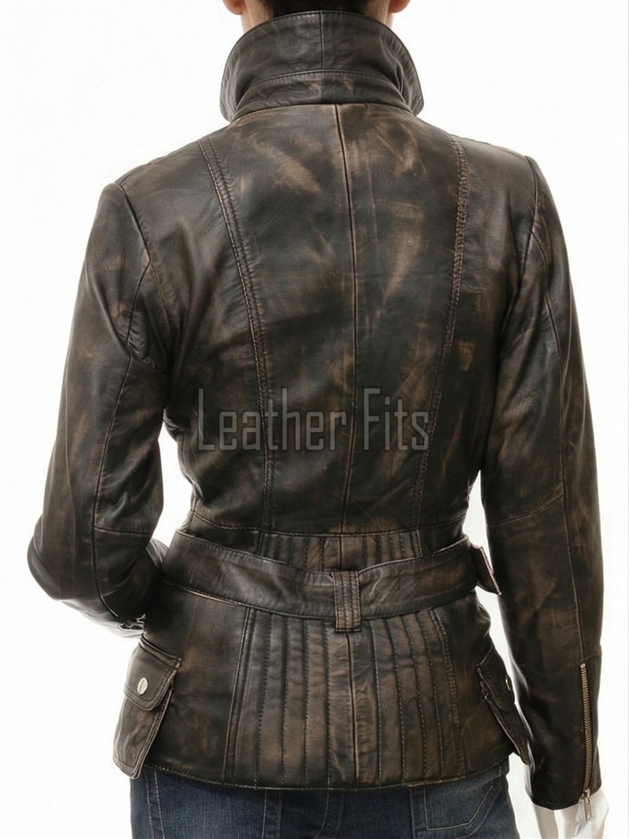 Distressed Dark Brown Leather Moto Jacket - Women's Asymmetrical Zip Hardware Belted Slim Fit Asymmetrical Premium Outerwear
