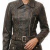 Distressed Dark Brown Leather Moto Jacket - Women's Asymmetrical Zip Hardware Belted Slim Fit Asymmetrical Premium Outerwear