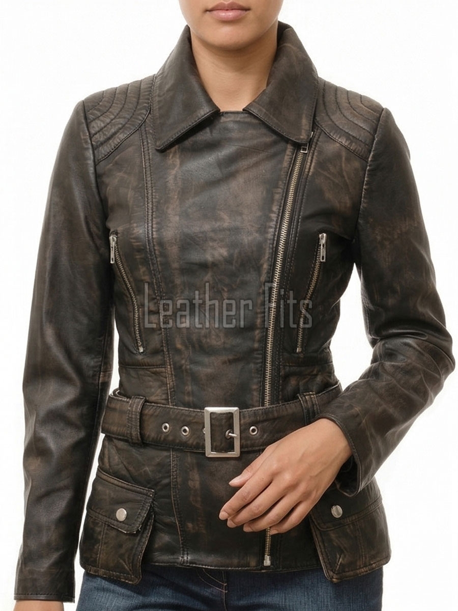 Distressed Dark Brown Leather Moto Jacket - Women's Asymmetrical Zip Hardware Belted Slim Fit Asymmetrical Premium Outerwear
