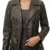 Distressed Dark Brown Leather Moto Jacket - Women's Asymmetrical Zip Hardware Belted Slim Fit Asymmetrical Premium Outerwear