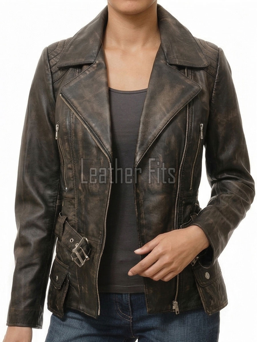 Distressed Dark Brown Leather Moto Jacket - Women's Asymmetrical Zip Hardware Belted Slim Fit Asymmetrical Premium Outerwear