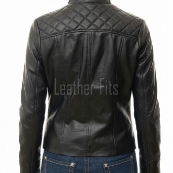 Women's Summit Luxury Black Leather Biker Jacket - Slim Fit Diamond Quilted Genuine Lambskin Classic Cafe Racer Chic Moto Coat
