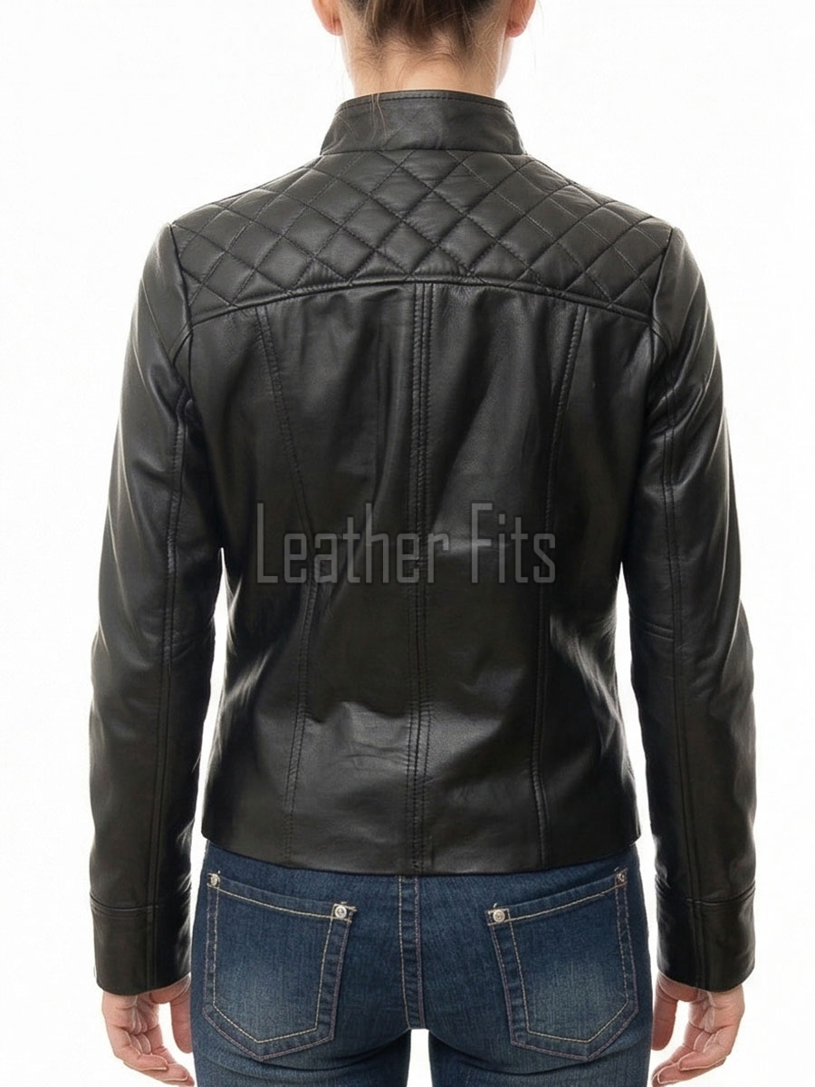 Women's Summit Luxury Black Leather Biker Jacket - Slim Fit Diamond Quilted Genuine Lambskin Classic Cafe Racer Chic Moto Coat