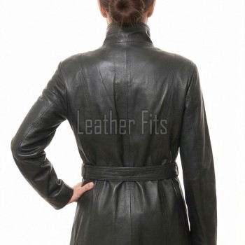 Majestic Onyx Black Leather Trench Coat - Women's High Funnel Neck Button Closure Belted Longline Slim Fit Premium Classic Outerwear