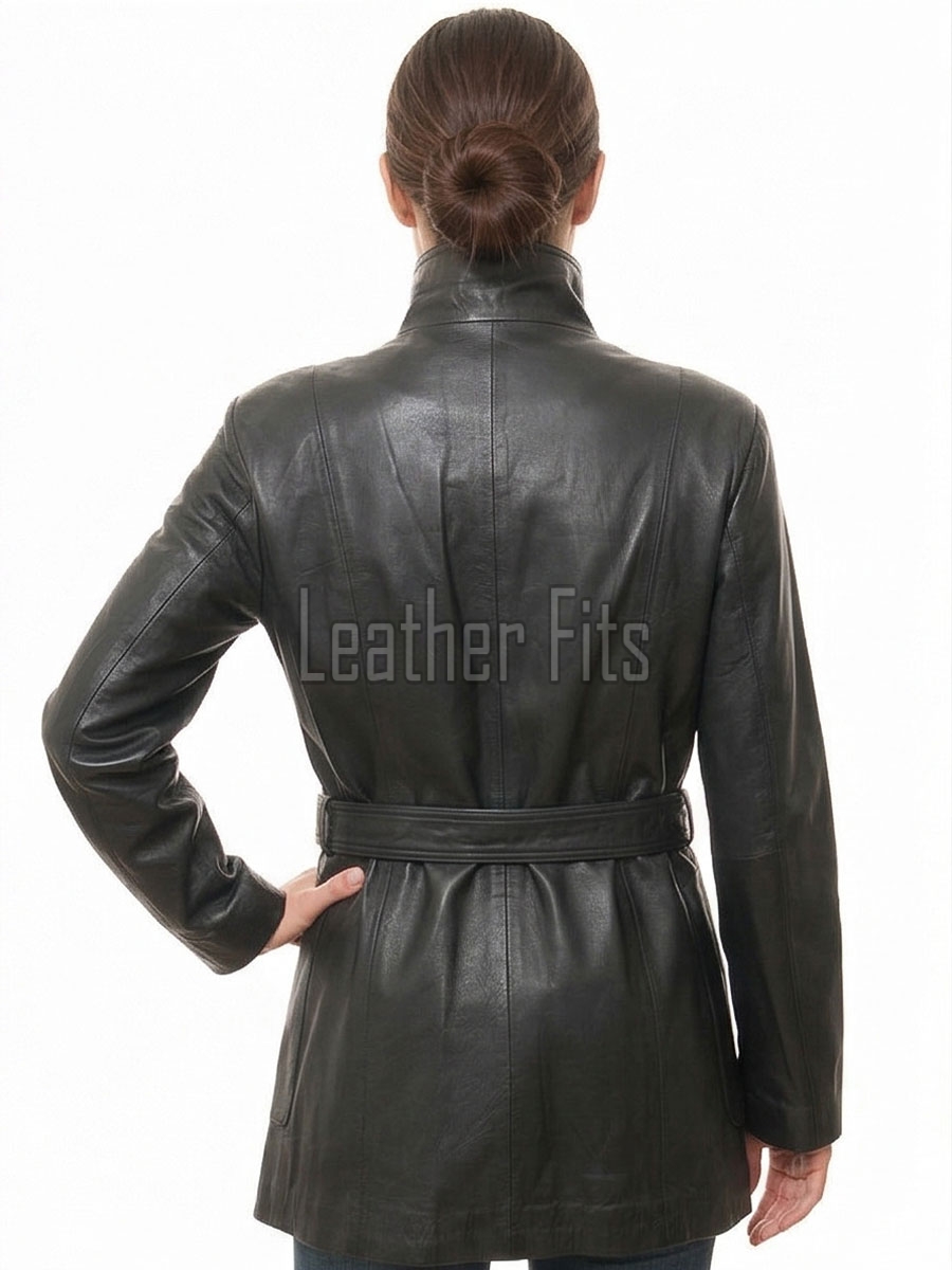 Majestic Onyx Black Leather Trench Coat - Women's High Funnel Neck Button Closure Belted Longline Slim Fit Premium Classic Outerwear