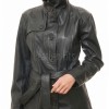 Majestic Onyx Black Leather Trench Coat - Women's High Funnel Neck Button Closure Belted Longline Slim Fit Premium Classic Outerwear