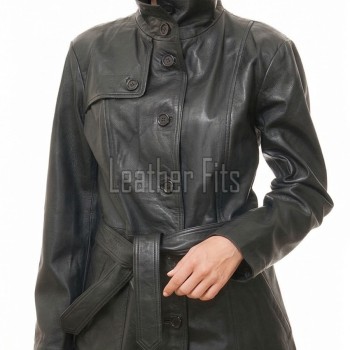 Majestic Onyx Black Leather Trench Coat - Women's High Funnel Neck Button Closure Belted Longline Slim Fit Premium Classic Outerwear