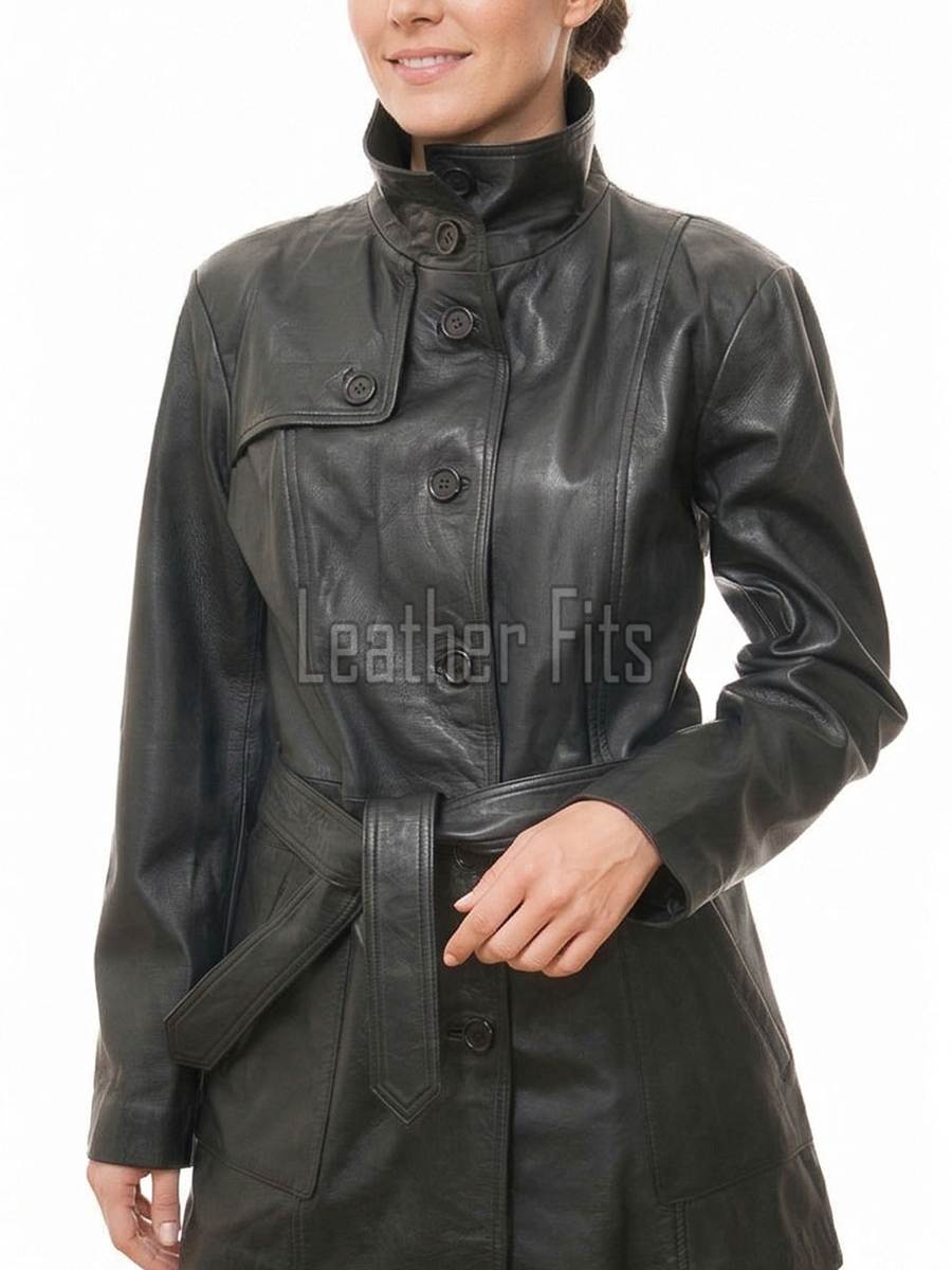 Majestic Onyx Black Leather Trench Coat - Women's High Funnel Neck Button Closure Belted Longline Slim Fit Premium Classic Outerwear