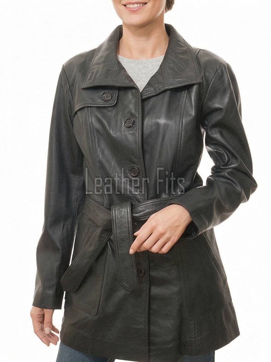 Majestic Onyx Black Leather Trench Coat - Women's High Funnel Neck Button Closure Belted Longline Slim Fit Premium Classic Outerwear