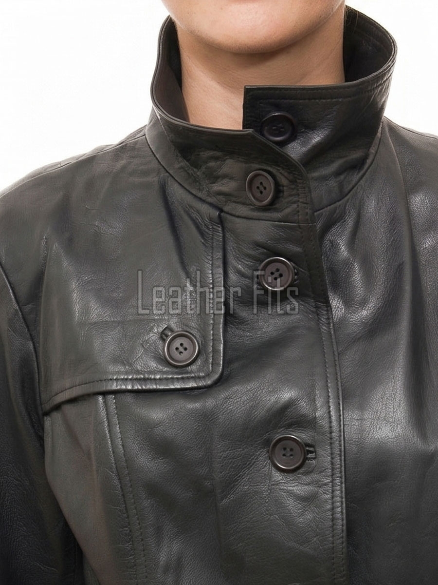 Majestic Onyx Black Leather Trench Coat - Women's High Funnel Neck Button Closure Belted Longline Slim Fit Premium Classic Outerwear