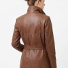 Tan Brown Leather Trench Long Coat - Women's High Funnel Neck Single Breasted Belted Longline Slim Fit Premium Classic Outerwear