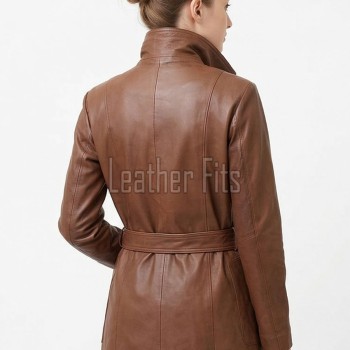 Tan Brown Leather Trench Long Coat - Women's High Funnel Neck Single Breasted Belted Longline Slim Fit Premium Classic Outerwear
