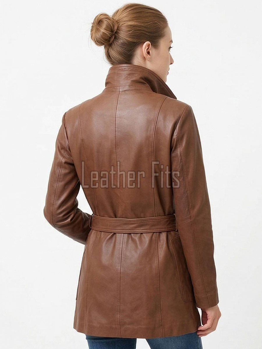Tan Brown Leather Trench Long Coat - Women's High Funnel Neck Single Breasted Belted Longline Slim Fit Premium Classic Outerwear