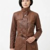 Tan Brown Leather Trench Long Coat - Women's High Funnel Neck Single Breasted Belted Longline Slim Fit Premium Classic Outerwear