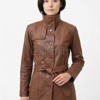 Tan Brown Leather Trench Long Coat - Women's High Funnel Neck Single Breasted Belted Longline Slim Fit Premium Classic Outerwear