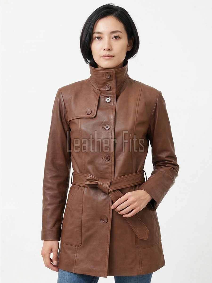 Tan Brown Leather Trench Long Coat - Women's High Funnel Neck Single Breasted Belted Longline Slim Fit Premium Classic Outerwear