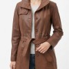 Tan Brown Leather Trench Long Coat - Women's High Funnel Neck Single Breasted Belted Longline Slim Fit Premium Classic Outerwear