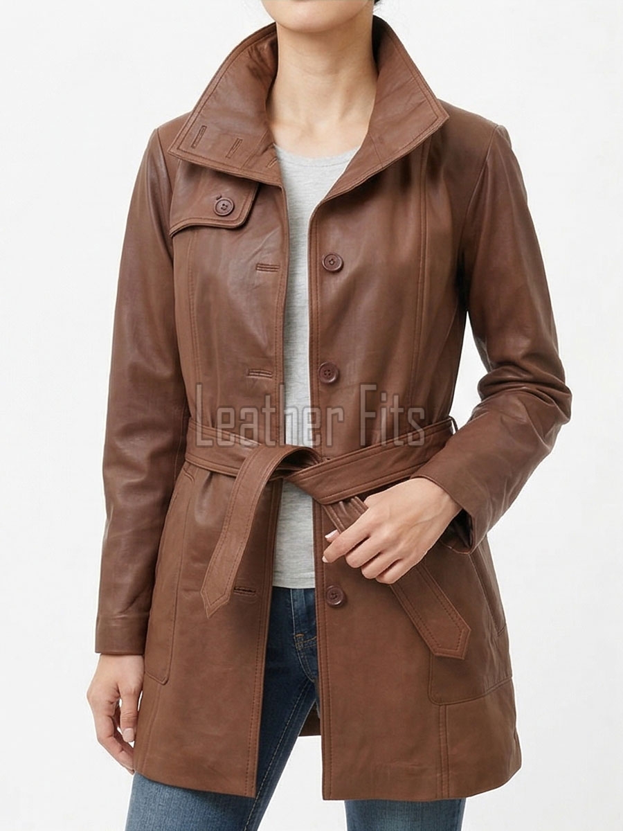 Tan Brown Leather Trench Long Coat - Women's High Funnel Neck Single Breasted Belted Longline Slim Fit Premium Classic Outerwear