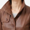 Tan Brown Leather Trench Long Coat - Women's High Funnel Neck Single Breasted Belted Longline Slim Fit Premium Classic Outerwear