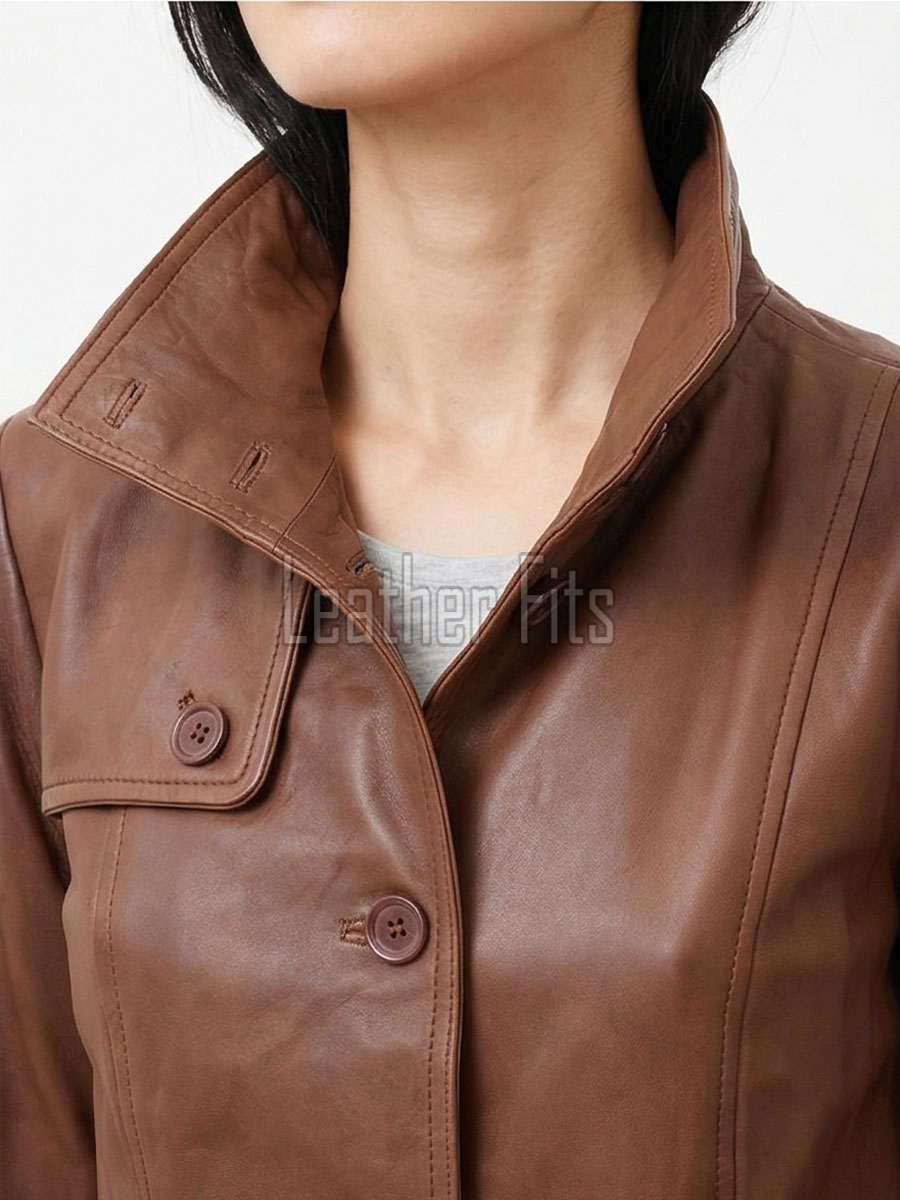 Tan Brown Leather Trench Long Coat - Women's High Funnel Neck Single Breasted Belted Longline Slim Fit Premium Classic Outerwear