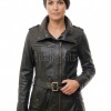 Espresso Black Leather Overcoat - Women's Off Center Zip High Collar Belted Longline Military Style Epaulets Premium Tailored Piece
