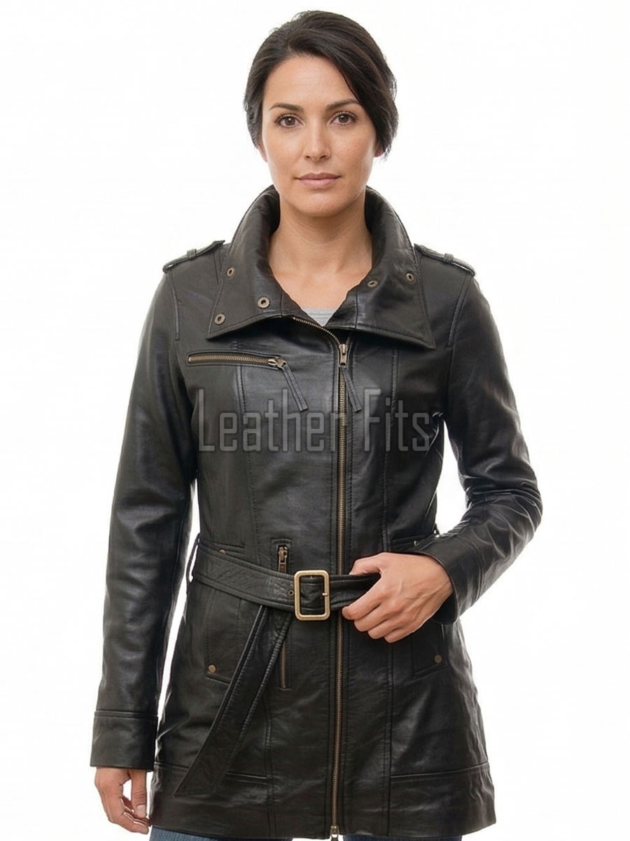 Espresso Black Leather Overcoat - Women's Off Center Zip High Collar Belted Longline Military Style Epaulets Premium Tailored Piece