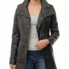 Espresso Black Leather Overcoat - Women's Off Center Zip High Collar Belted Longline Military Style Epaulets Premium Tailored Piece