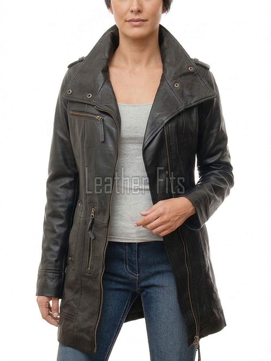 Espresso Black Leather Overcoat - Women's Off Center Zip High Collar Belted Longline Military Style Epaulets Premium Tailored Piece