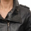 Espresso Black Leather Overcoat - Women's Off Center Zip High Collar Belted Longline Military Style Epaulets Premium Tailored Piece