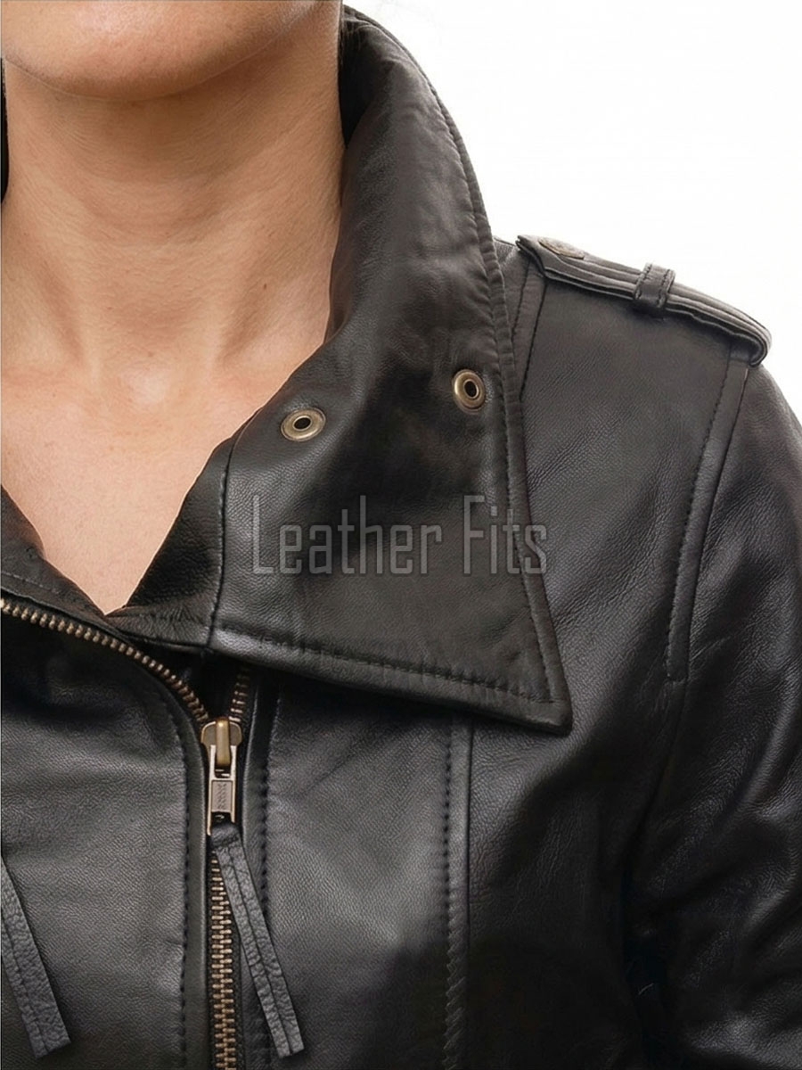 Espresso Black Leather Overcoat - Women's Off Center Zip High Collar Belted Longline Military Style Epaulets Premium Tailored Piece